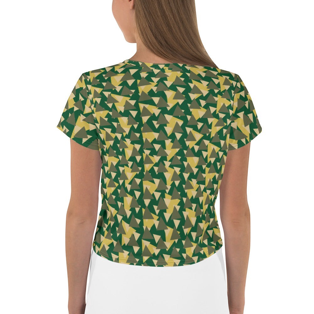 Good Wishes 365 geometric camo crop tee in forest green, olive, and gold with a crew neck, back view on a model.
