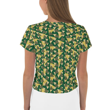 Good Wishes 365 geometric camo crop tee in forest green, olive, and gold with a crew neck, back view on a model.