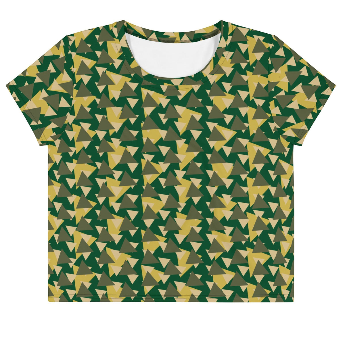Good Wishes 365 geometric camo crop tee in forest green, olive, and gold with a crew neckline and boxy fit.