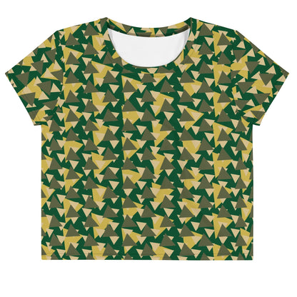 Good Wishes 365 geometric camo crop tee in forest green, olive, and gold with a crew neckline and boxy fit.