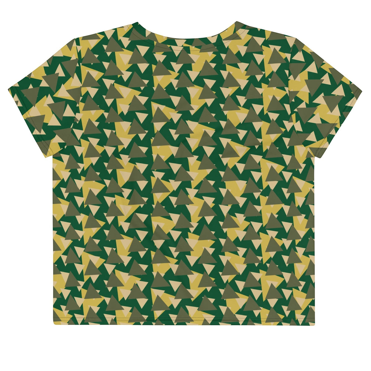 Good Wishes 365 crop tee with a geometric camouflage print in forest green, olive, and gold triangles.