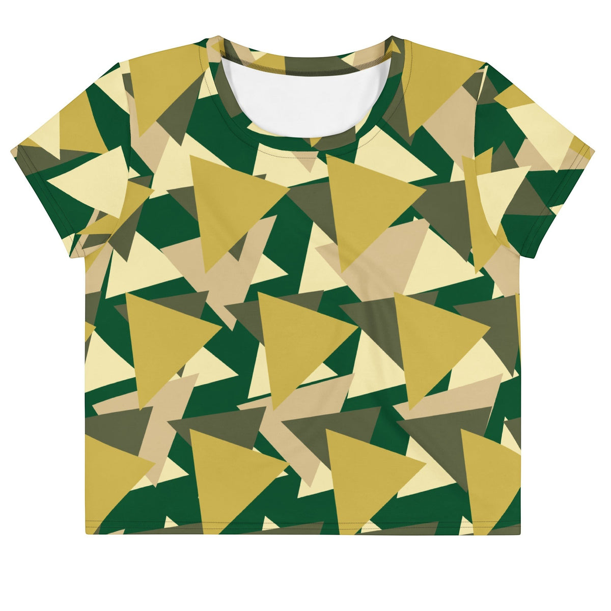 Good Wishes 365 geometric camo crop tee in forest green, olive, and tan with a crew neck and relaxed fit.