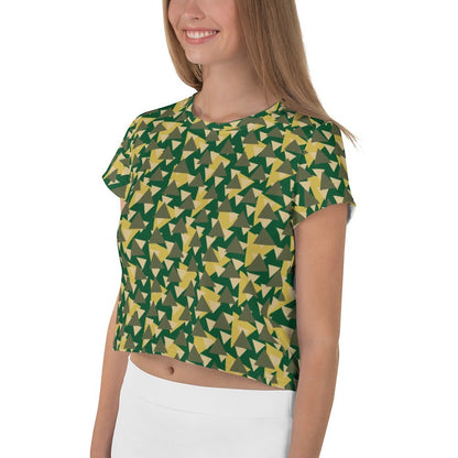 Good Wishes 365 geometric camo crop tee in forest green, olive, and gold with a crew neckline on a smiling model.