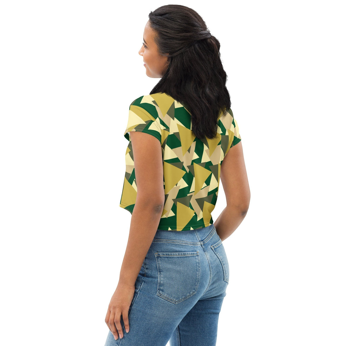 Good Wishes 365 geometric camo crop tee in green and tan worn by a woman with jeans, back view