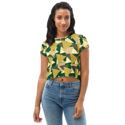 Good Wishes 365 geometric camo crop tee in green and tan worn by a woman with blue jeans
