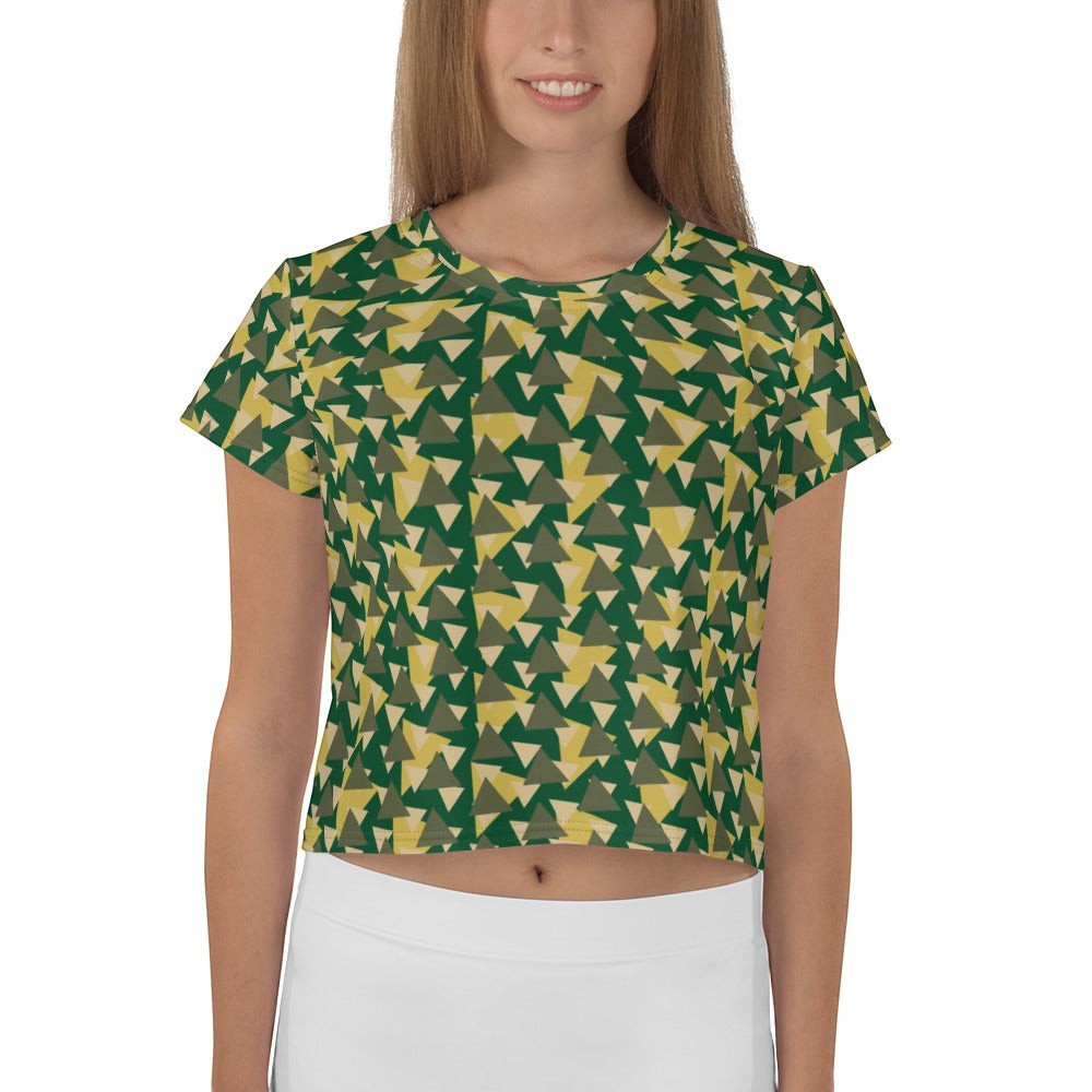 Good Wishes 365 geometric camo crop tee in forest green, olive, and gold with a crew neck on a female model.