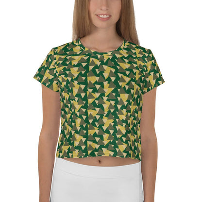 Good Wishes 365 geometric camo crop tee in forest green, olive, and gold with a crew neck on a female model.