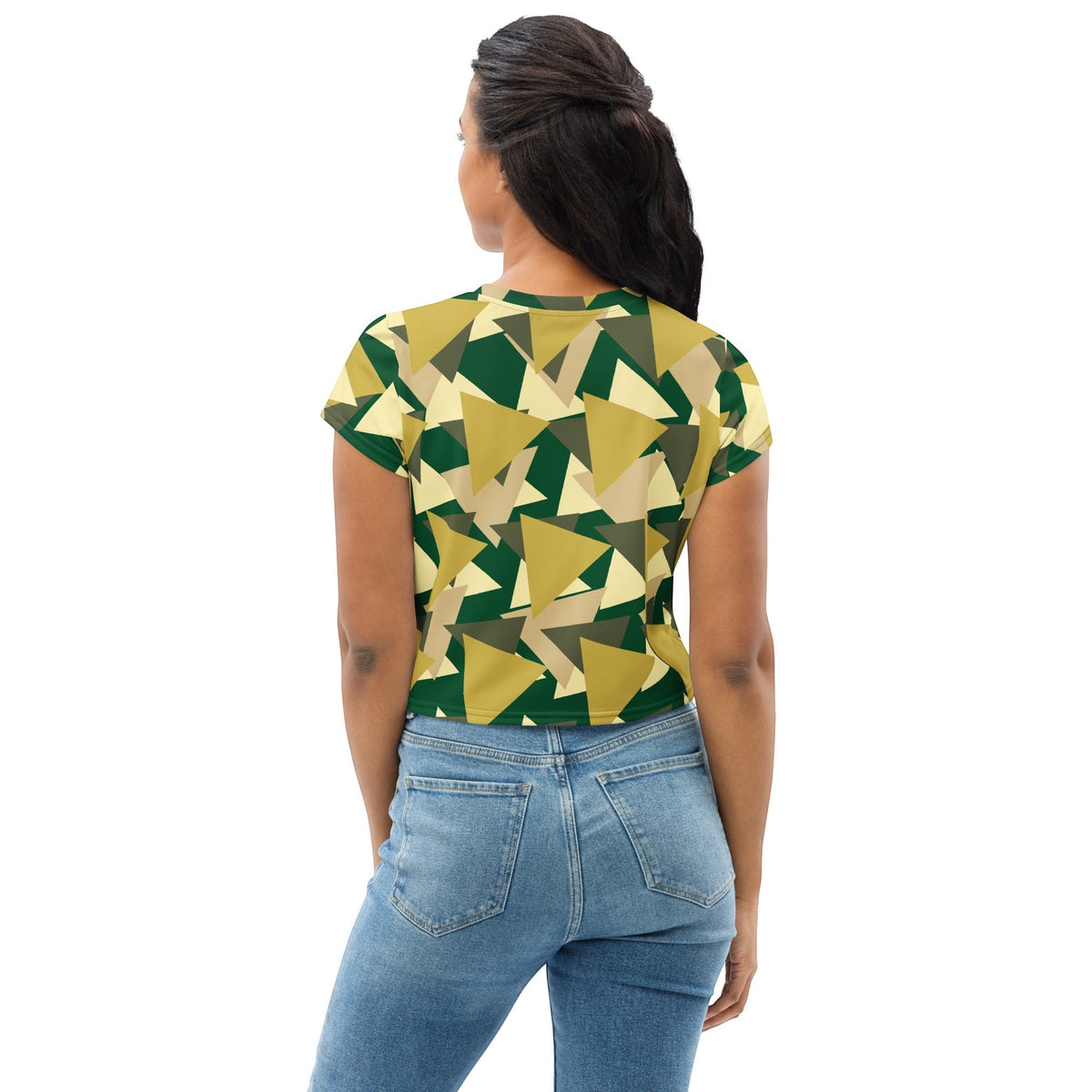 Good Wishes 365 geometric camo crop tee in forest green and tan worn by a woman with jeans, back view.