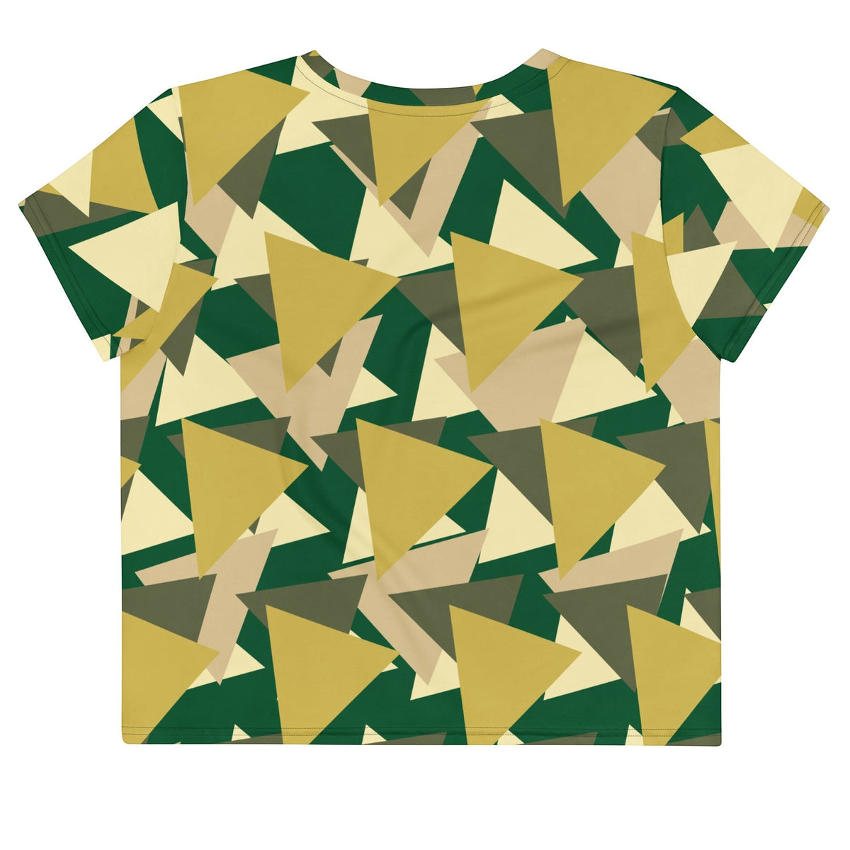 Good Wishes 365 geometric camo crop tee in forest green, olive, and tan with a crew neck and relaxed fit.