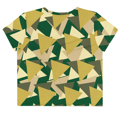 Good Wishes 365 geometric camo crop tee in forest green, olive, and tan with a crew neck and relaxed fit.