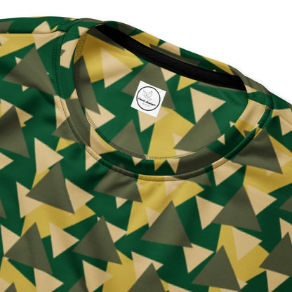 Good Wishes 365 recycled sweatshirt featuring a geometric camo print in forest green, olive, and golden yellow.