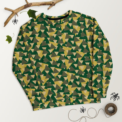 Good Wishes 365 unisex recycled sweatshirt with a geometric camo print in forest green, olive, and golden yellow.