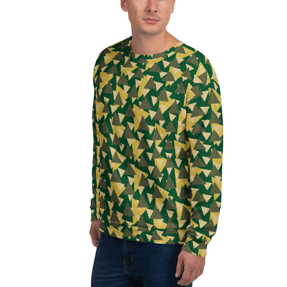 Good Wishes 365 unisex recycled sweatshirt with a green and yellow geometric camo print and ribbed cuffs.