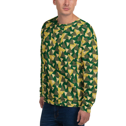 Good Wishes 365 unisex recycled sweatshirt with a green and yellow geometric camo print and ribbed cuffs.