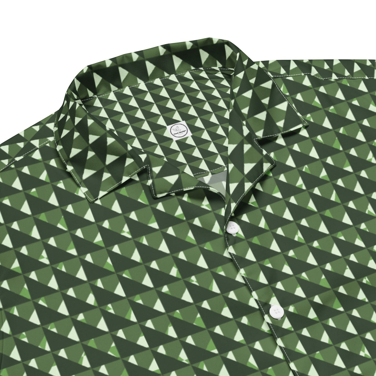 Good Wishes 365 men's short sleeve button shirt in forest and sage green with a geometric triangle camo pattern.