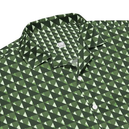 Good Wishes 365 men's short sleeve button shirt in forest and sage green with a geometric triangle camo pattern.