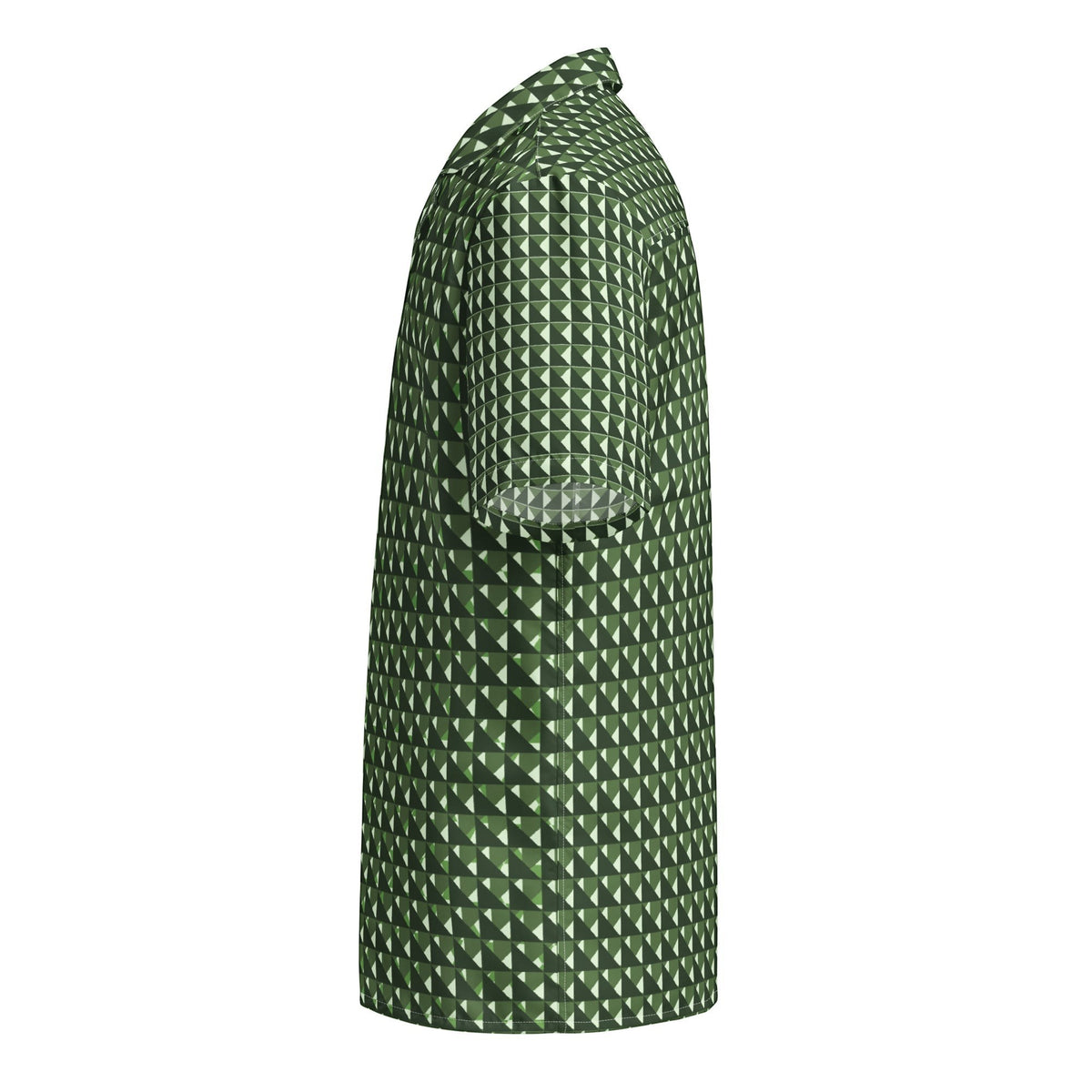 Good Wishes 365 men's short sleeve button shirt in forest and sage green with a geometric triangle camo pattern.