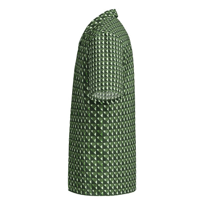 Good Wishes 365 men's short sleeve button shirt in forest and sage green with a geometric triangle camo pattern.