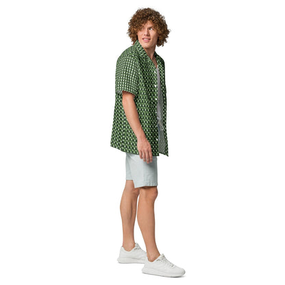 Good Wishes 365 men's short sleeve button shirt in forest green with a geometric triangle camo print, worn with shorts.