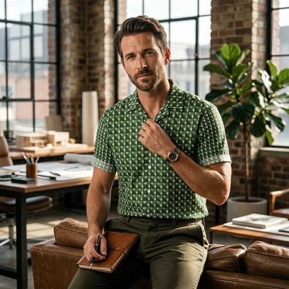 Good Wishes 365 men's short sleeve button shirt in forest green with a geometric triangle camo print in an office