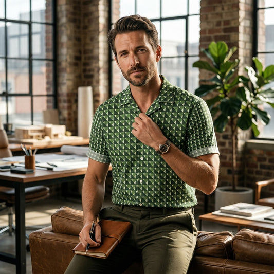 Good Wishes 365 men's short sleeve button shirt in forest green with a geometric triangle camo print in an office