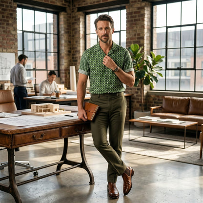 Good Wishes 365 men's short sleeve button shirt in green geometric triangle camo print, worn in a modern office.