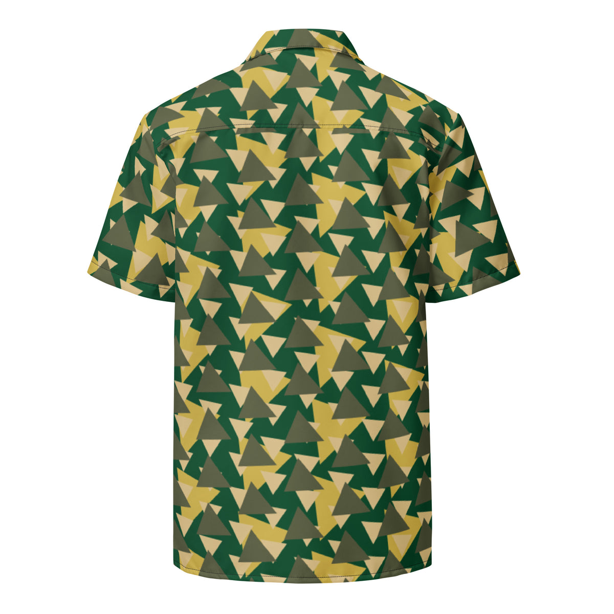 Good Wishes 365 Men's short sleeve button-down shirt with geometric camo print in green, olive, and yellow.