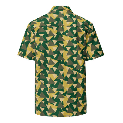 Good Wishes 365 Men's short sleeve button-down shirt with geometric camo print in green, olive, and yellow.