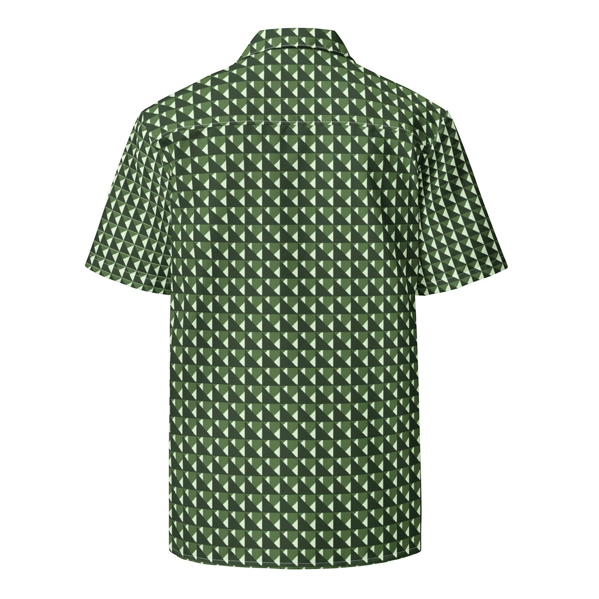 Back view of a Good Wishes 365 men's short sleeve button shirt featuring a green geometric triangle camo pattern.