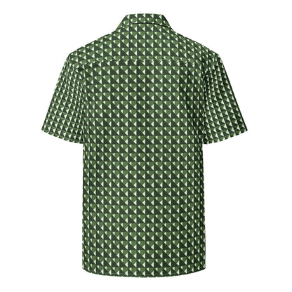 Back view of a Good Wishes 365 men's short sleeve button shirt featuring a green geometric triangle camo pattern.