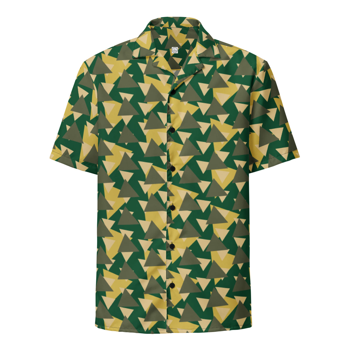 Good Wishes 365 Men's short sleeve button-down shirt with geometric camouflage triangle print in green, olive, and yellow.