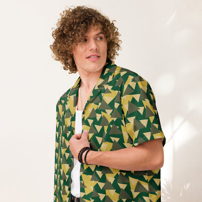 Good Wishes 365 Men's short sleeve button-down shirt with geometric camouflage print in green, olive, and yellow.