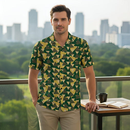 Good Wishes 365 Men's short sleeve button-down shirt with geometric camo print in green, olive, and yellow. Recycled polyester blend.