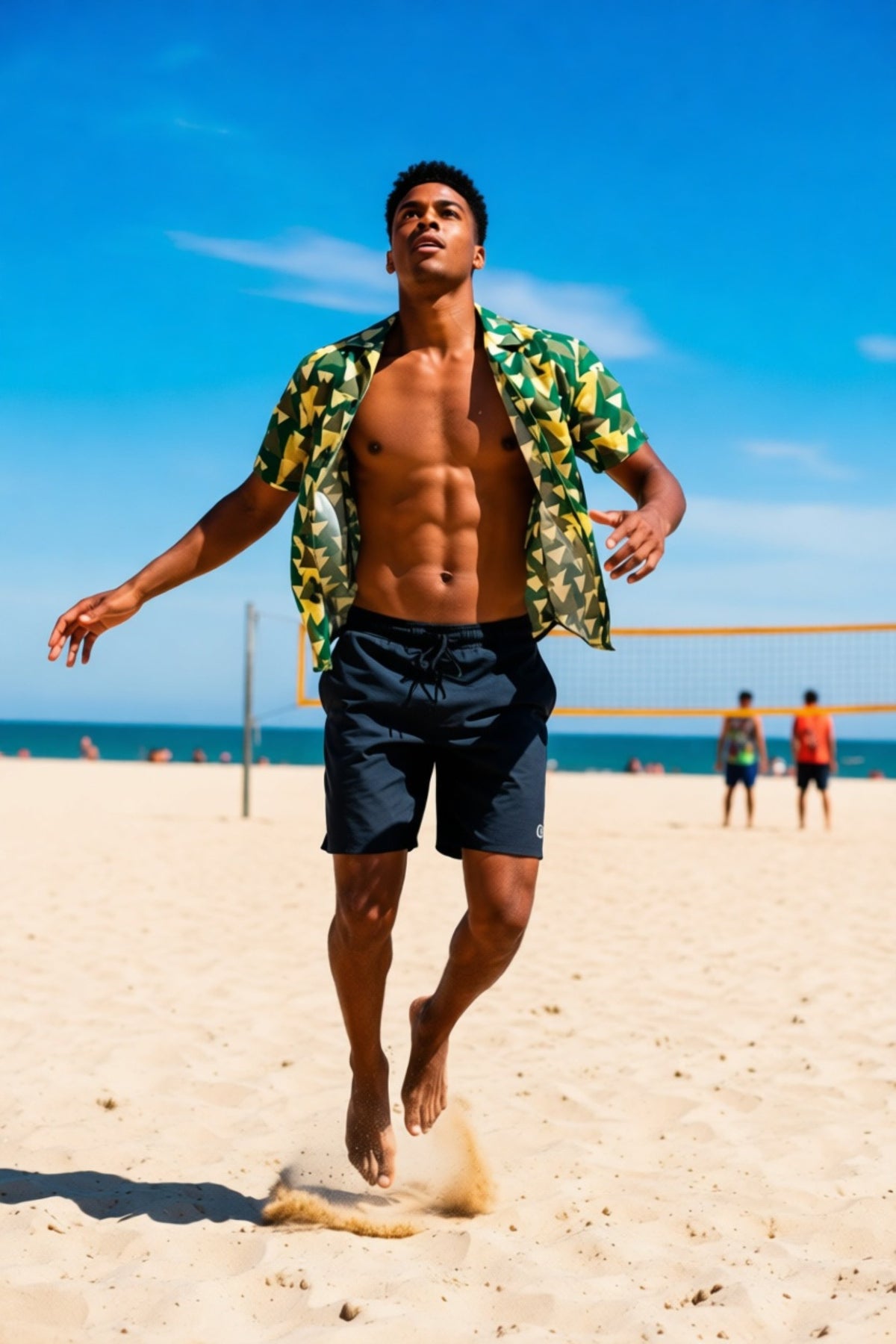 Good Wishes 365 Men's green & yellow geometric camo short sleeve button shirt, oversized fit, recycled polyester blend.