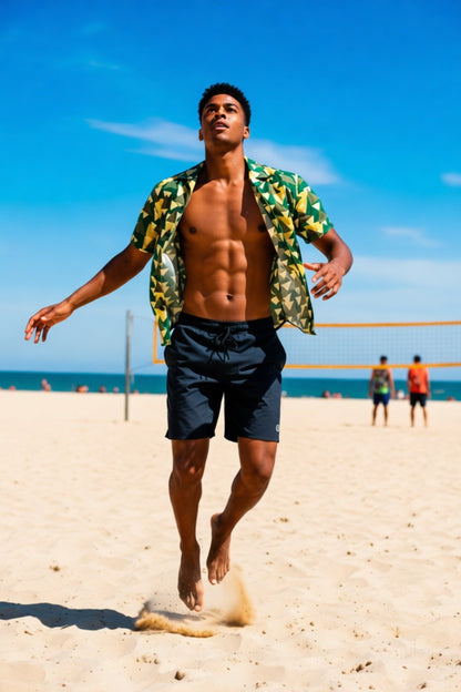 Good Wishes 365 Men's green & yellow geometric camo short sleeve button shirt, oversized fit, recycled polyester blend.