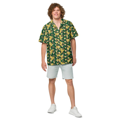 Good Wishes 365 Men's short sleeve button-down shirt with geometric camouflage print in green, yellow, and olive.