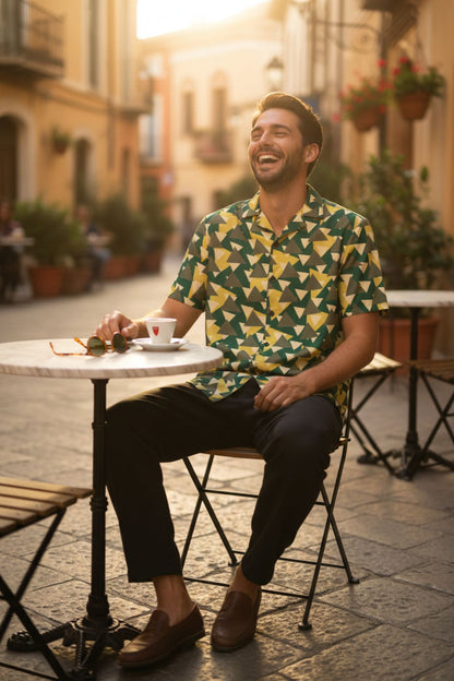 Good Wishes 365 Men's short sleeve button-down shirt with geometric camo print in green, yellow, and grey. Recycled polyester blend.