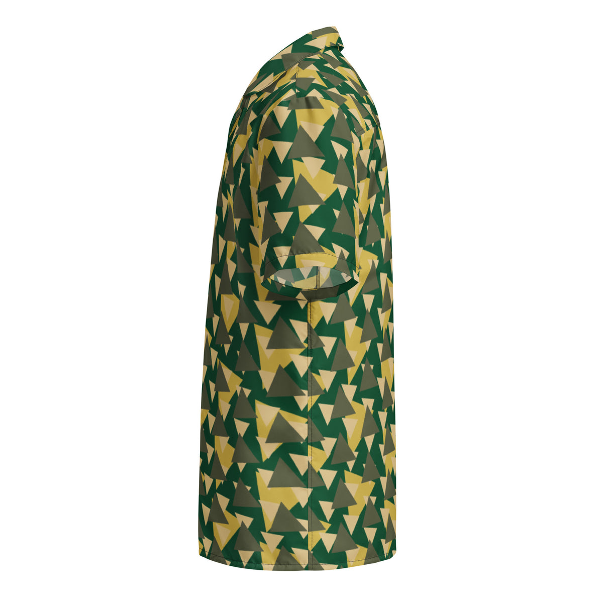 Good Wishes 365 Men's geometric camo short sleeve button shirt in green, olive, and yellow triangles.