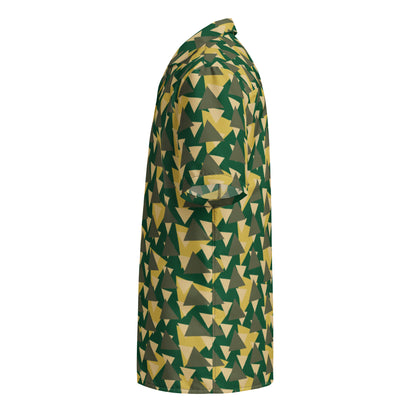 Good Wishes 365 Men's geometric camo short sleeve button shirt in green, olive, and yellow triangles.