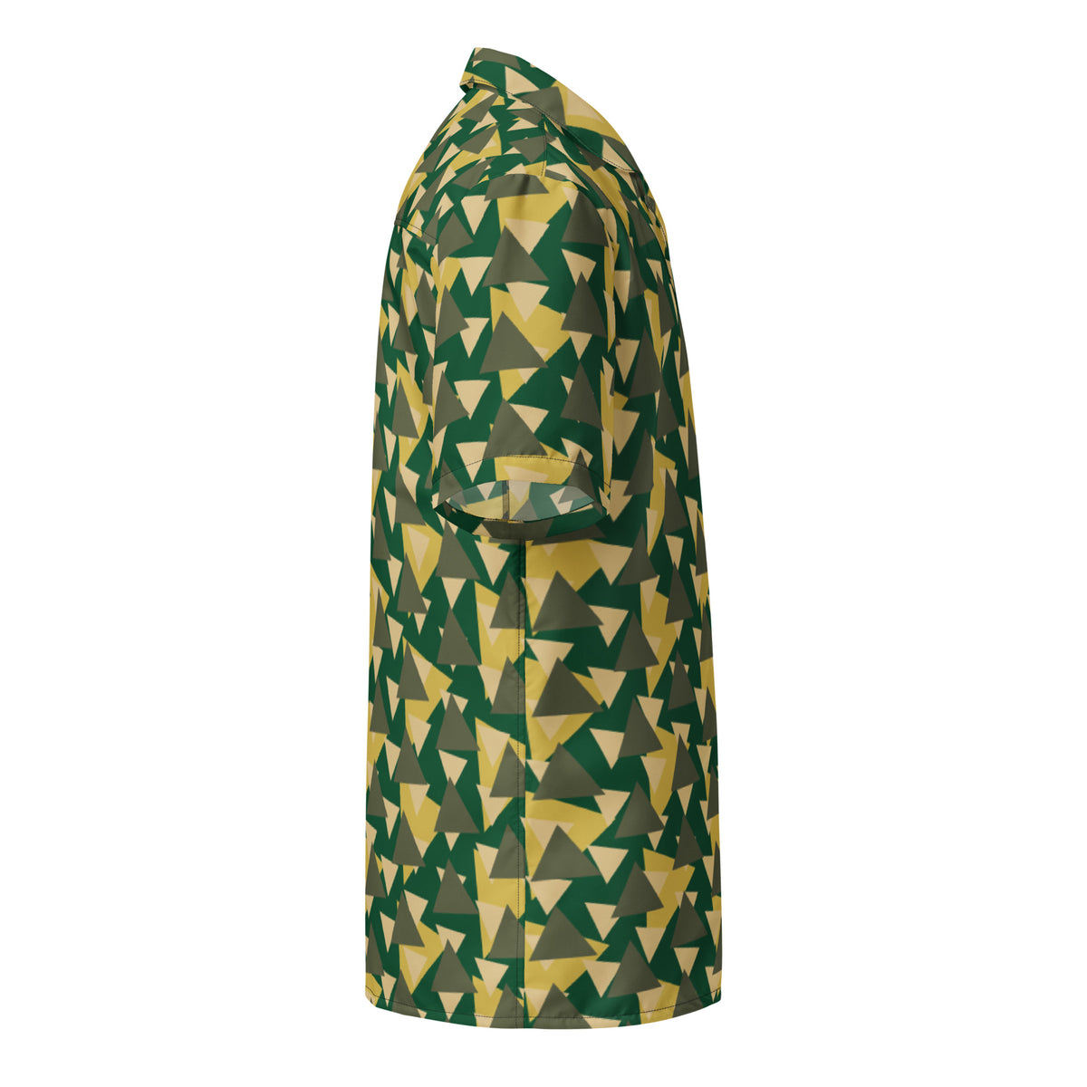 Good Wishes 365 Men's short sleeve button-down shirt with geometric camouflage print in green, yellow, and grey.