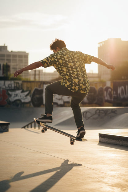 Good Wishes 365 Men's short sleeve button-down shirt with geometric camo print in green, yellow, and olive. Oversized fit.