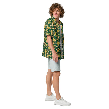 Good Wishes 365 Men's short sleeve button-down shirt with geometric camo print in green, yellow, and olive. Relaxed fit.
