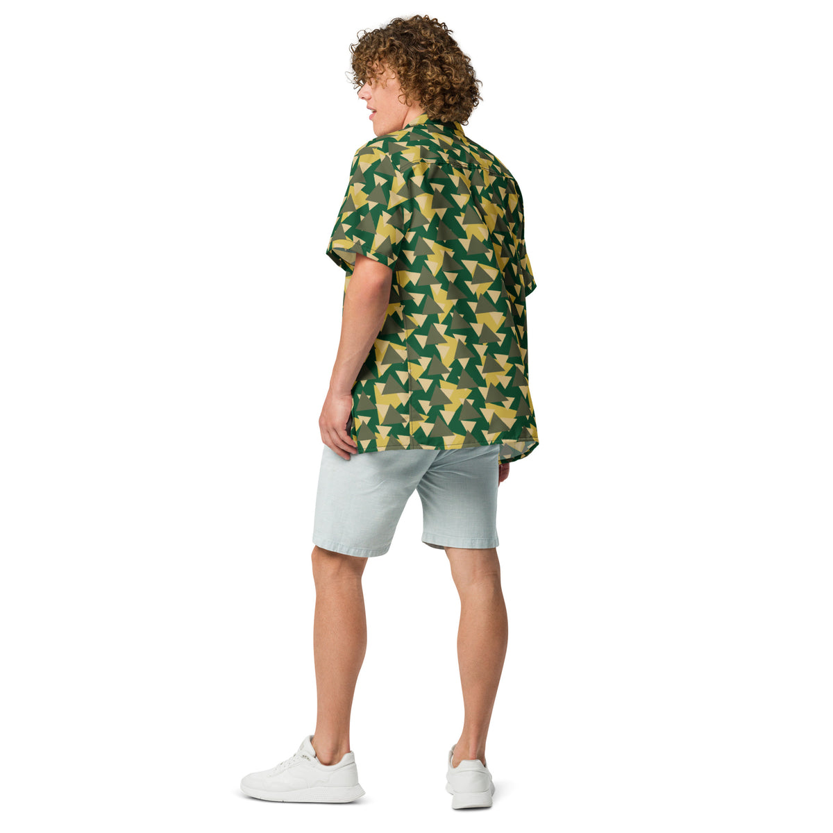 Good Wishes 365 Men's short sleeve button-down shirt with geometric camouflage print in green, yellow, and olive.