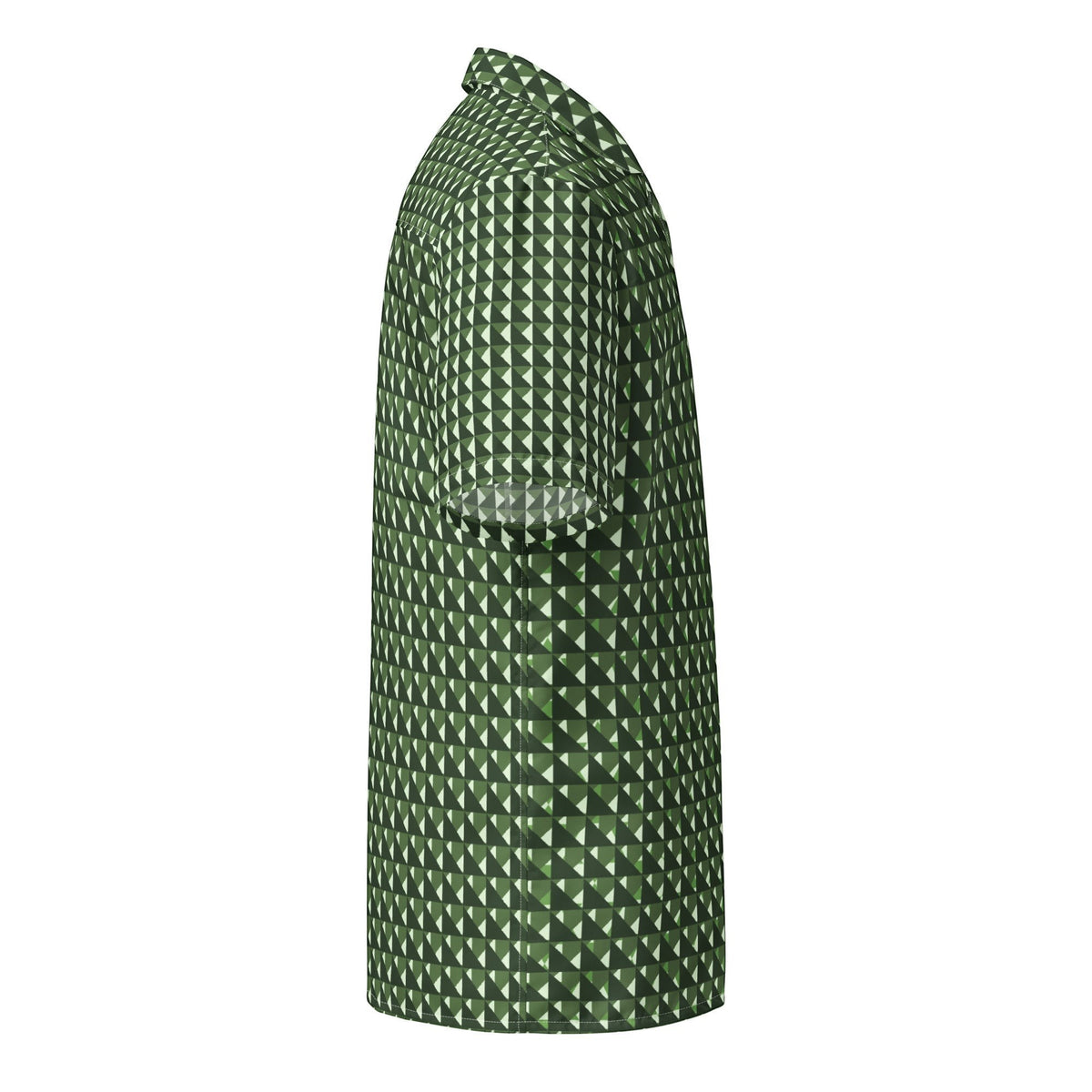 Good Wishes 365 men's short sleeve button shirt in forest and sage green with a geometric triangle camo pattern
