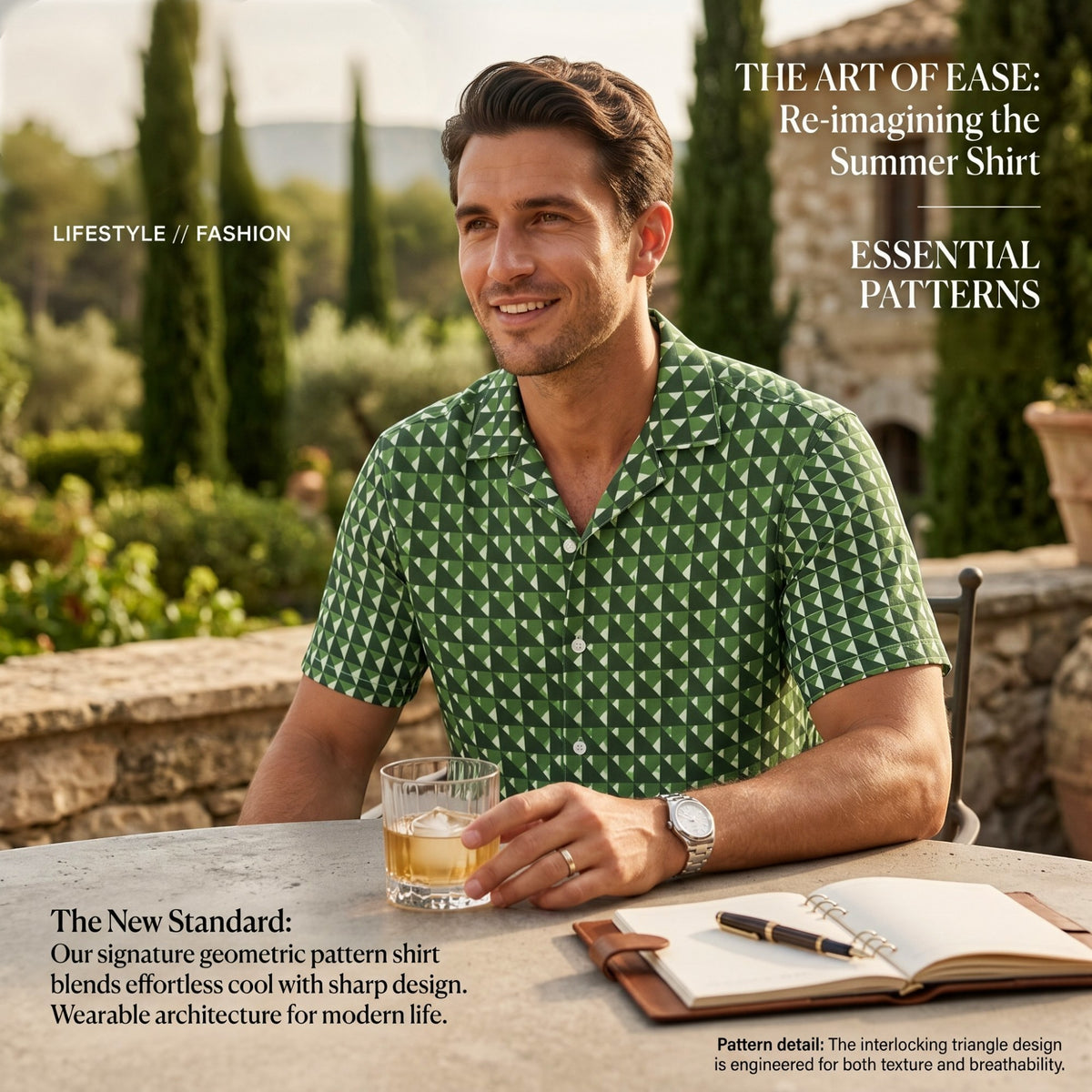 Good Wishes 365 men's green geometric triangle print short sleeve button shirt worn by a man on a patio.