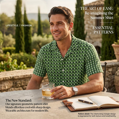 Good Wishes 365 men's green geometric triangle print short sleeve button shirt worn by a man on a patio.