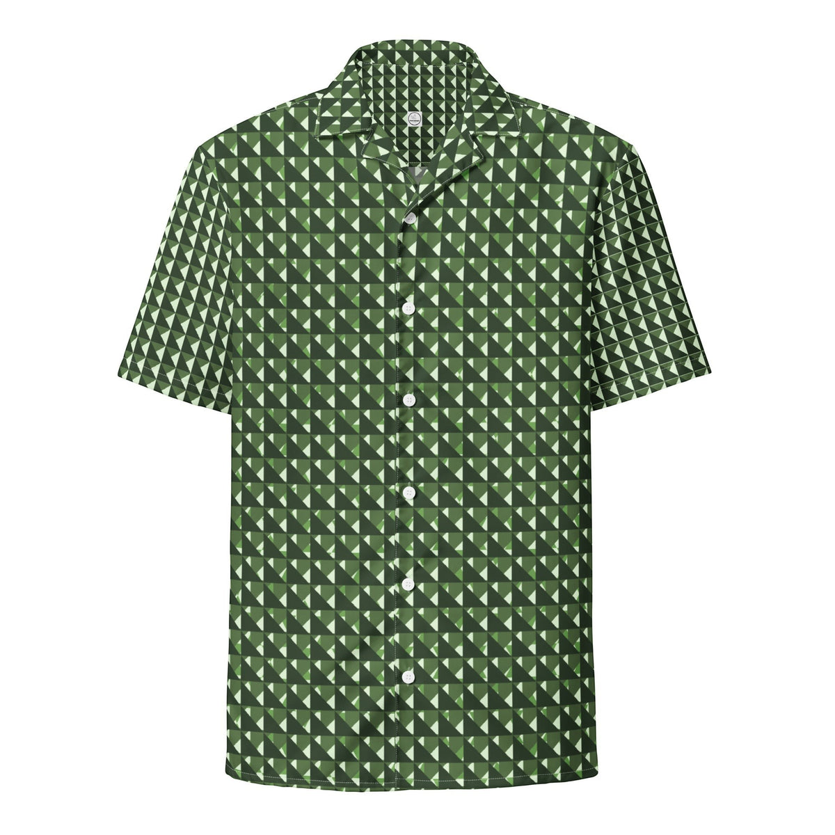 Good Wishes 365 men's short sleeve button-down shirt featuring a forest and sage green geometric triangle camo pattern.