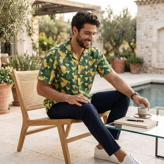 Good Wishes 365 men's green, yellow, and brown geometric camo short sleeve button-down shirt with oversized fit.