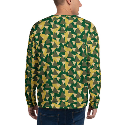 Back view of a Good Wishes 365 recycled sweatshirt with a green and yellow geometric camo print and ribbed cuffs.
