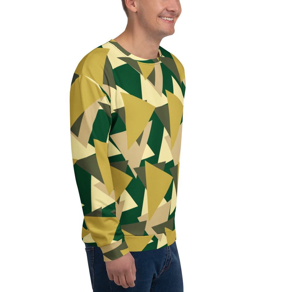 Good Wishes 365 recycled sweatshirt with a modern geometric camo print in green, olive, and beige on a smiling man